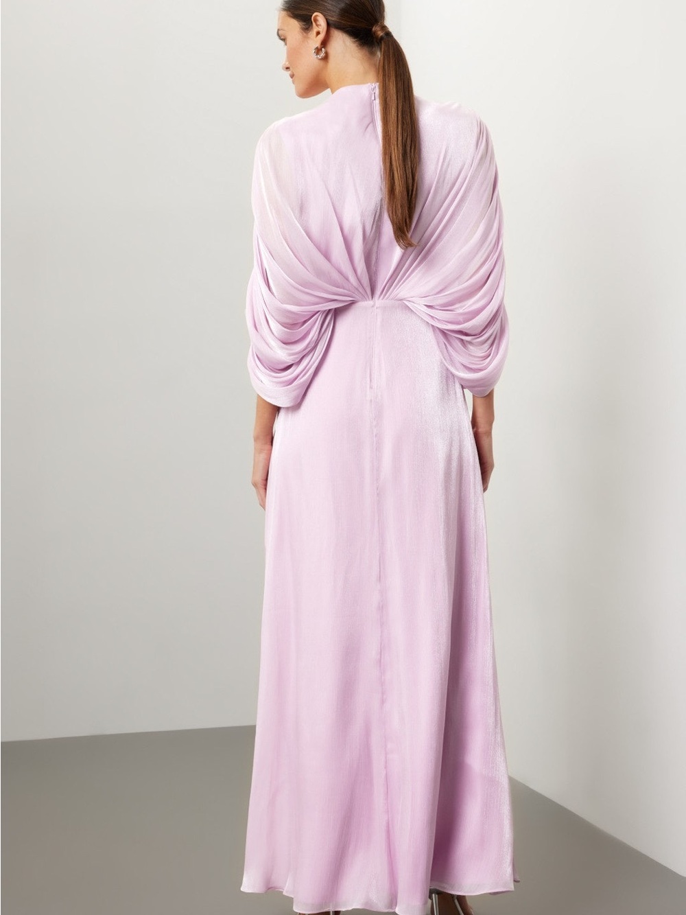 Badgley Mischka Soft Lilac Draped V-Neck Maxi Gown - Picture 4 of 11